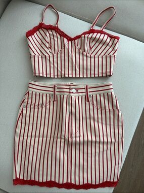 OPENING CEREMONY Red & Cream Striped Crop Top and Skirt Set